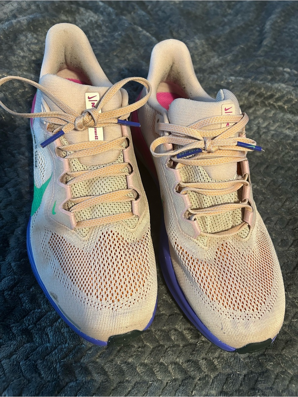 Nike Women’s Beige Mesh Running Shoes with Green Swoosh and Purple Sole